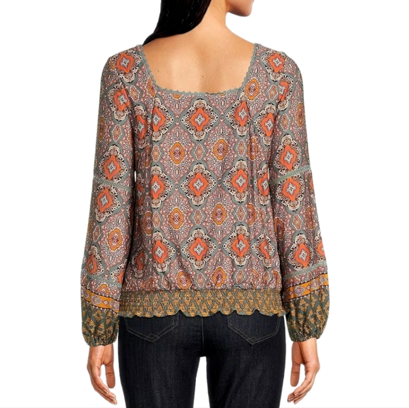 Democracy Bohemian Long Blouson Sleeve Smocked Hem Top Cottagecore - Picture 7 of 11